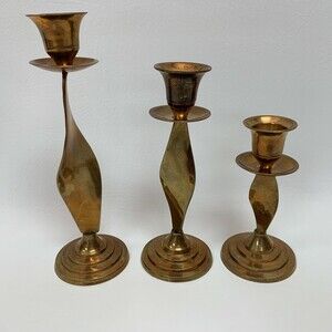 Brass Graduated Candlestick Candle Holders Swirl Twist Lot of 3